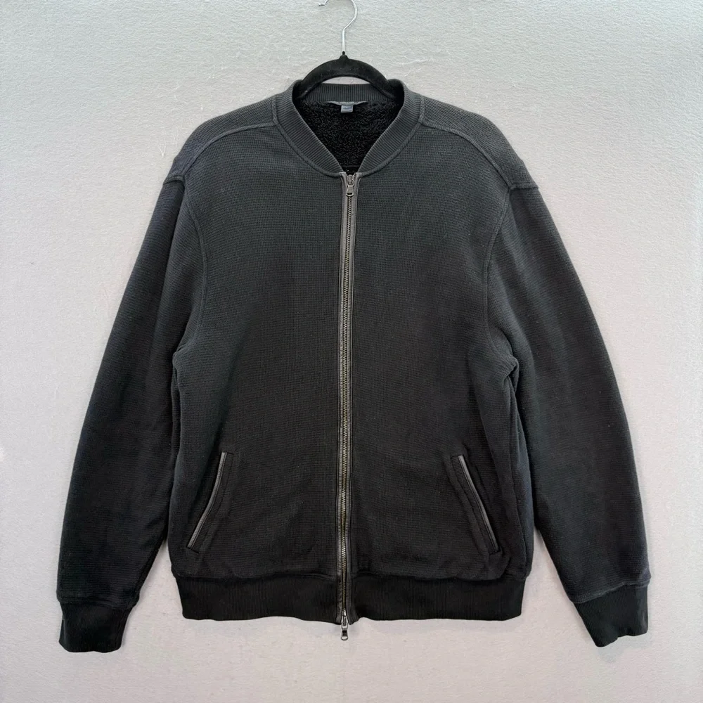 John Varvatos men’s Bomber Cotton jacket zip up leather trim shearling lining L